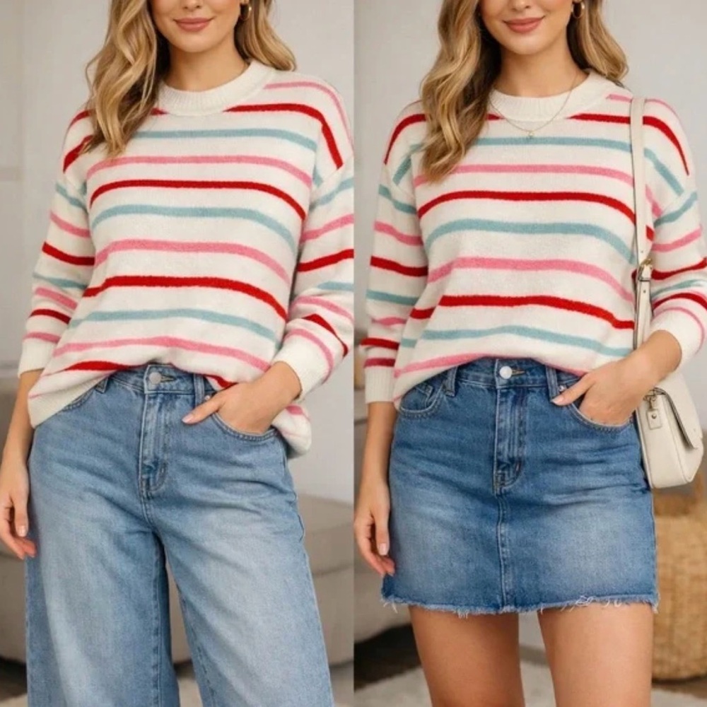 J. Crew Cream Crewneck Sweater with Red, Pink & Teal Stripes. Size medium.
